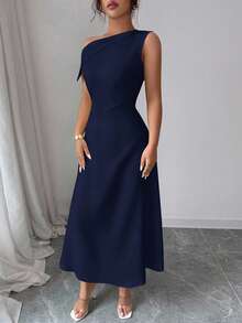Modelyn Women's Yellow Asymmetric-Shoulder Ruched Waist Elegant Dress - Navy Blue - View 5