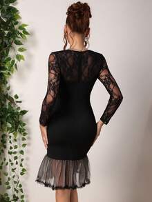 Almamuse Women's Lace Patchwork Long Sleeve Contrast Ruffle Hem Mesh Overlay Midi Party Dress, Autumn/Winter - Black - View 13