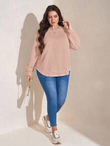 EMERY ROSE Plus Size Women's Solid Color Minimalist Casual Crew Neck Long Sleeve Sweatshirt Sweater Plus Size Plus Size Long Sleeve Top Plus Size Solid Color Ribbed Knit T Shirt Plus Size Casual Tops Plus Size Women Clothes Blouse Autumn Winter Clothes For Women - Pink - View 6
