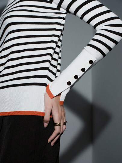 SHEIN Luminelle Suéter de malha versátil, casual, com gola redonda, listras em cores contrastantes e mangas compridas, que combina com tudo.