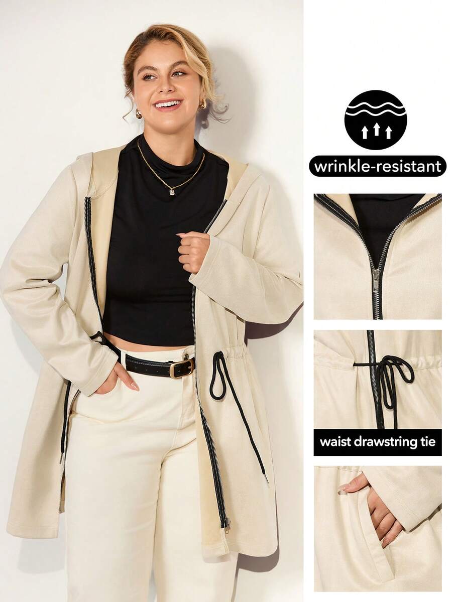 Momelise Neue Damen Jacke in Große Größen für Herbst/Winter, lässig mit Kapuze, Kordelzug, knielang in Beige, mit Taschen und Reißverschluss, tailliert, minimalistisch & vielseitig - Aprikosenfarben - Übersicht 1