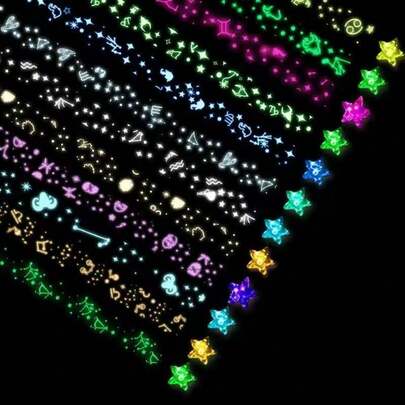 210张10色发光许愿星折纸，图案多样，颜色混搭，包含幸运星、半透明五角星等发光特殊折纸图案，适合学校用品和返校季使用。