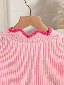 Genkimix Kids 青少年女孩粗针织短款长袖毛衣，秋冬款，V 领荷叶边下摆，喇叭袖，时尚套头衫 - 粉色 - 查看 5