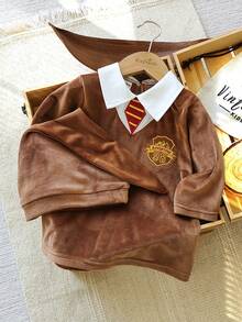 SHEIN Perso Play 男婴长袖巫师服装，万圣节魔术师长袍套装，适合舞台表演、万圣节派对 - 棕色 - 查看 7