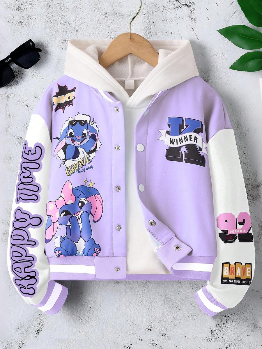 Tween Girls' Casual Color Block Cartoon Letter Print Jacket, Autumn - Purple - View 1