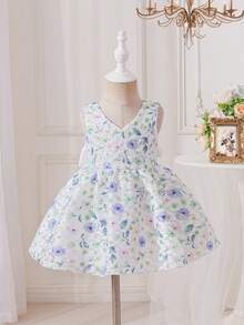 SHEIN Glamorique Kids 花卉印花连衣裙，女婴刺绣缎面蝴蝶结连衣裙，V 领无袖露背公主裙，适合复活节派对 - 綠色 - 查看 2