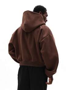 SUMWON Crop Fit Men's Oversized Full Zip Hoodie With Ribbed Cuffs And Color Block Design For Casual Wear - Brown - View 2