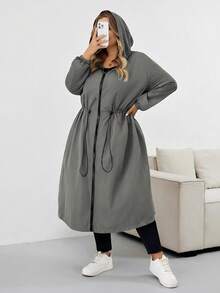 SHEIN CURVE+ Women's Solid Drawstring Hooded Waterproof Long Sleeve Trench Coat Plus Size Hooded Jacket Plus Size Raincoat Curve Fall Jacket 8xl Women Clothes Plus Size Olive Green Jacketfall Clothes For Women,Winter,CURVE PLUS Autumn/Autumn /Winter
