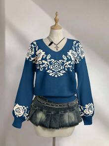 Elamini Vintage Casual Versatile V-Neck Jacquard Knit Sweater, Autumn/Winter - Multicolor - View 3