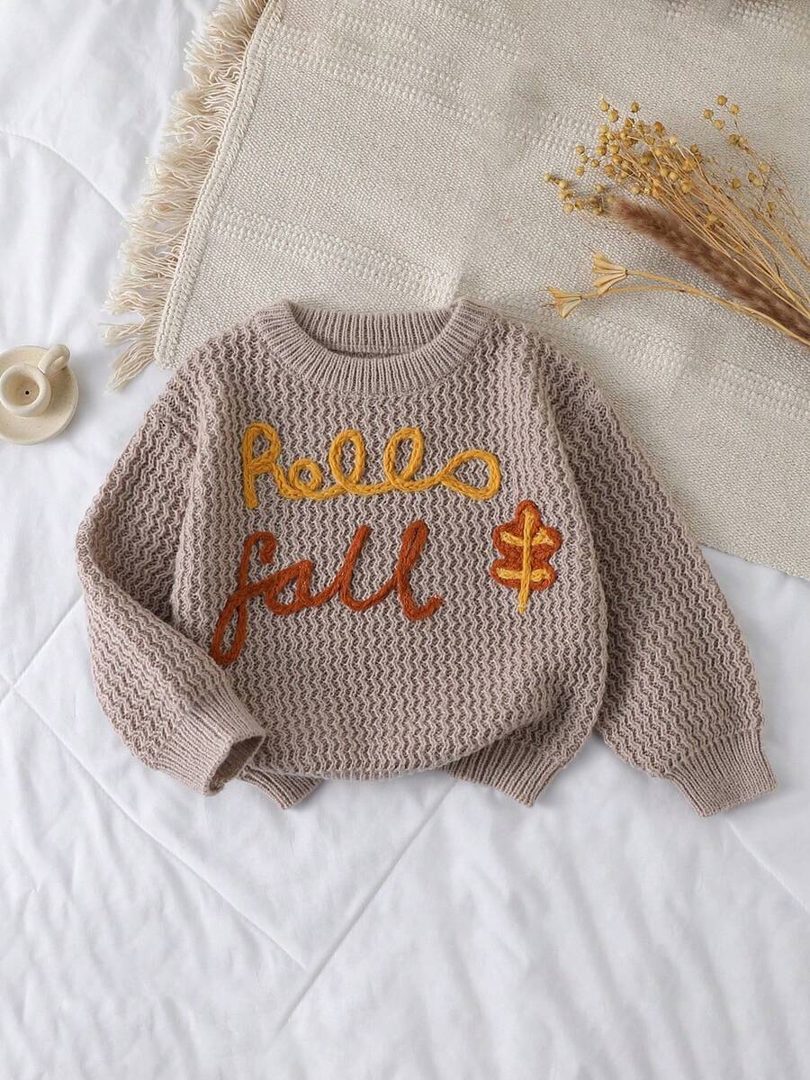 SHEIN Genkimix Kids 少女少女毛衣,紫红色手工刺绣“Honey”字样,花卉针织,优雅休闲波浪纹套头毛衣,柔软百搭,适合上学、外出、秋冬 - 卡其色 - 查看 1
