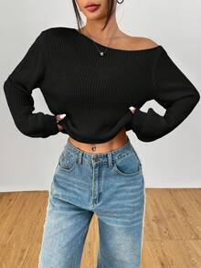 SHEIN PETITE Áo len chui đầu màu trắng dài tay dành cho nữ, có thể mặc chéo vai, phù hợp cho mùa thu đông - màu đen - Xem 6