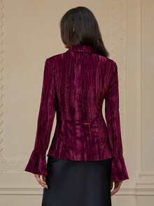 Zanirela French Pleated Waist Long Sleeve Velvet Casual Fashionable Blouse - Burgundy - View 2