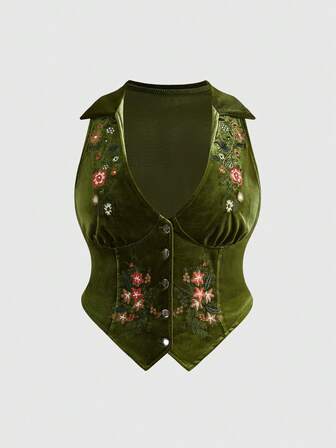 Fairycore Plus Size Vintage Floral Embroidery Velvet Vest, Autumn/Winter