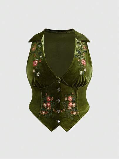 Fairycore Gilet vintage in velluto con ricamo floreale, taglia comoda, adatto per autunno/inverno