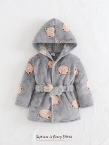Cozy Pixies Baby Boy Star Pattern Fleece Thick Hooded Long Sleeve Tie-Waist Robe, Cute Bear Print Robe, Bear Pattern Robe, Baby Boy Robe, Cartoon Robe, Thermal Lined Thick, Winter - Royal Blue - View 3