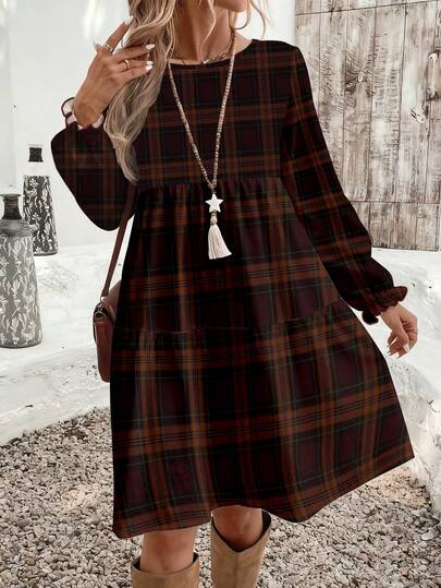 EMERY ROSE Vestido holgado de talla grande con estampado minimalista de cuadros retro, adecuado para otoño/invierno