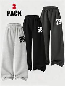 SHEIN ChillGRL 3件套女童休闲街头数字图案保暖内衬阔腿裤，秋冬 - 彩色 - 查看 1