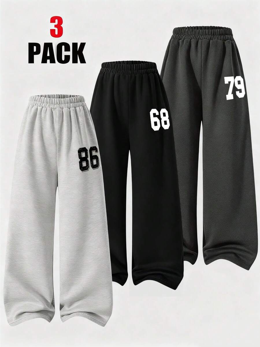 SHEIN ChillGRL 3件套女童休闲街头数字图案保暖内衬阔腿裤,秋冬 - 彩色 - 查看 1