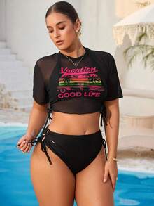 Swim Vcay Bộ đồ bơi bikini 3 mảnh họa tiết cây nhiệt đới cỡ lớn dành cho nữ, thời trang thường ngày khi đi biển - Nhiều màu - Xem 7