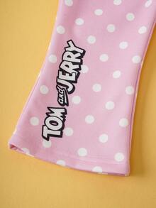 TOM & JERRY X SHEIN 2 件套女婴可爱卡通图案印花圆领长袖运动衫和波尔卡圆点运动裤针织休闲套装