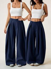 SHEIN PETITE Quần ống rộng màu xanh lá cây viền cong thời trang dạo phố cổ điển mùa hè dành cho nữ - Màu xanh hải quân - Xem 5