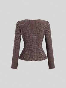 SHEIN Unity 女士法式复古甜心领纹理面料腰部褶皱肩部设计优雅高端正式派对西装外套 - 棕色 - 查看 2