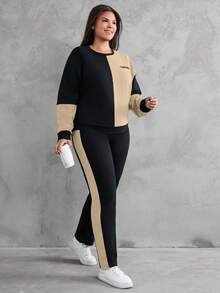 EURMUSE Sudadera y pantalón de chándal de algodón con bloque de color y estampado de letras, de hombros caídos - Beis - Ver 1
