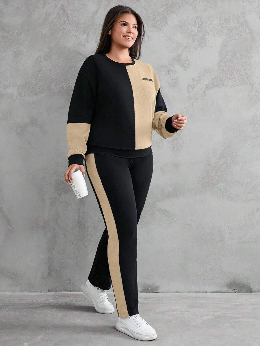 EURMUSE Sudadera y pantalón de chándal de algodón con bloque de color y estampado de letras, de hombros caídos - Beis - Ver 1