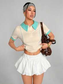Gameset SHEIN Sport 女式休闲拼色网球运动 Polo 衫 - 杏色 - 查看 3
