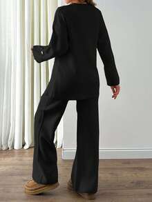 EURMUSE 2pcs/Set Women's Fashionable Design Loose Knit Sweater With Side Slit And High Waist Wide Leg Pants, Autumn/Winter - Black - View 5