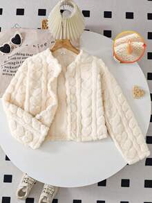 1pc Tween Girls Fluffy Short Jacket, Cream White, V-Neck Design Simple Yet Elegant, Loose FSnug Fiting, Luxurious Yet Gentle Style, Pairs Well With Dresses, Jeans, Creates Graceful Vibe, Fashionable Winter Coat For Girls - Apricot - View 3