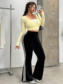 SHEIN EZwear 大码撞色休闲日常裤 - 黑色 - 查看 4