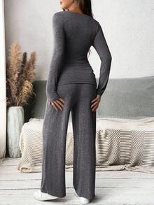 MaterniWear 圆领长袖针织T恤和可调节腰围直筒裤，女式直筒裤，秋季套装，宽松套装，适合婴儿洗礼礼物 - 深灰色 - 查看 2