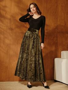 Anewsta Chân váy dự tiệc cạp cao thu đông mới, tối ưu, chân váy dài cao cấp ôm sát, chân váy xếp ly nhung jacquard, chân váy dự tiệc - Màu xanh lá cây đậm - Xem 5