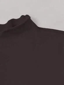 SHEIN EZwear 大码纯色立领荷叶边长袖休闲百搭T恤/冬季 - 棕色 - 查看 6