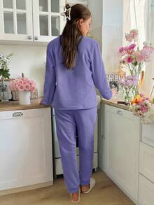 Snug Reverie Women's Solid Color Sherpa Crew Neck Long Sleeve Top And Pants Pajama Set, Fluffy Cozy Winter Clothes - Violet Purple - View 4
