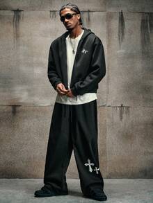 AXEPEAK 男士宽松印花套头连帽衫和休闲运动裤套装，冬季款