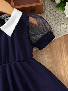 Đầm bé gái tay bồng cổ Peter Pan màu tương phản dễ thương, thích hợp cho các buổi đi chơi và tiệc tùng - Màu xanh hải quân - Xem 7