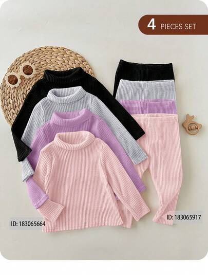 4pcs Casual Knit Solid Color Elastic Waist Pants For Babygirl Baby Set Autumn Winter Season Baby Knitwear Baby Girl Clothes Spring Fall Baby Girl Sweaters