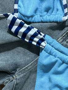 Swim Vcay 女士简约条纹淡蓝色比基尼套装，适合度假 - 藍色 - 查看 9