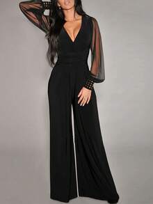 Women's Fashion Mesh Patchwork Wide Leg Jumpsuit Fall Cloth For Women - Black - View 1