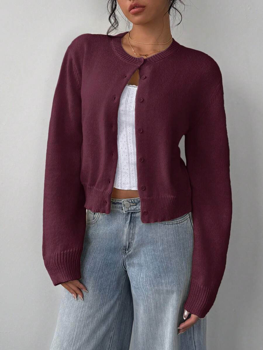 SHEIN BASICS 休闲纯色圆领长袖宽松短款女式毛衣白色开衫,秋冬季上学上衣 - 紫紅色 - 查看 1