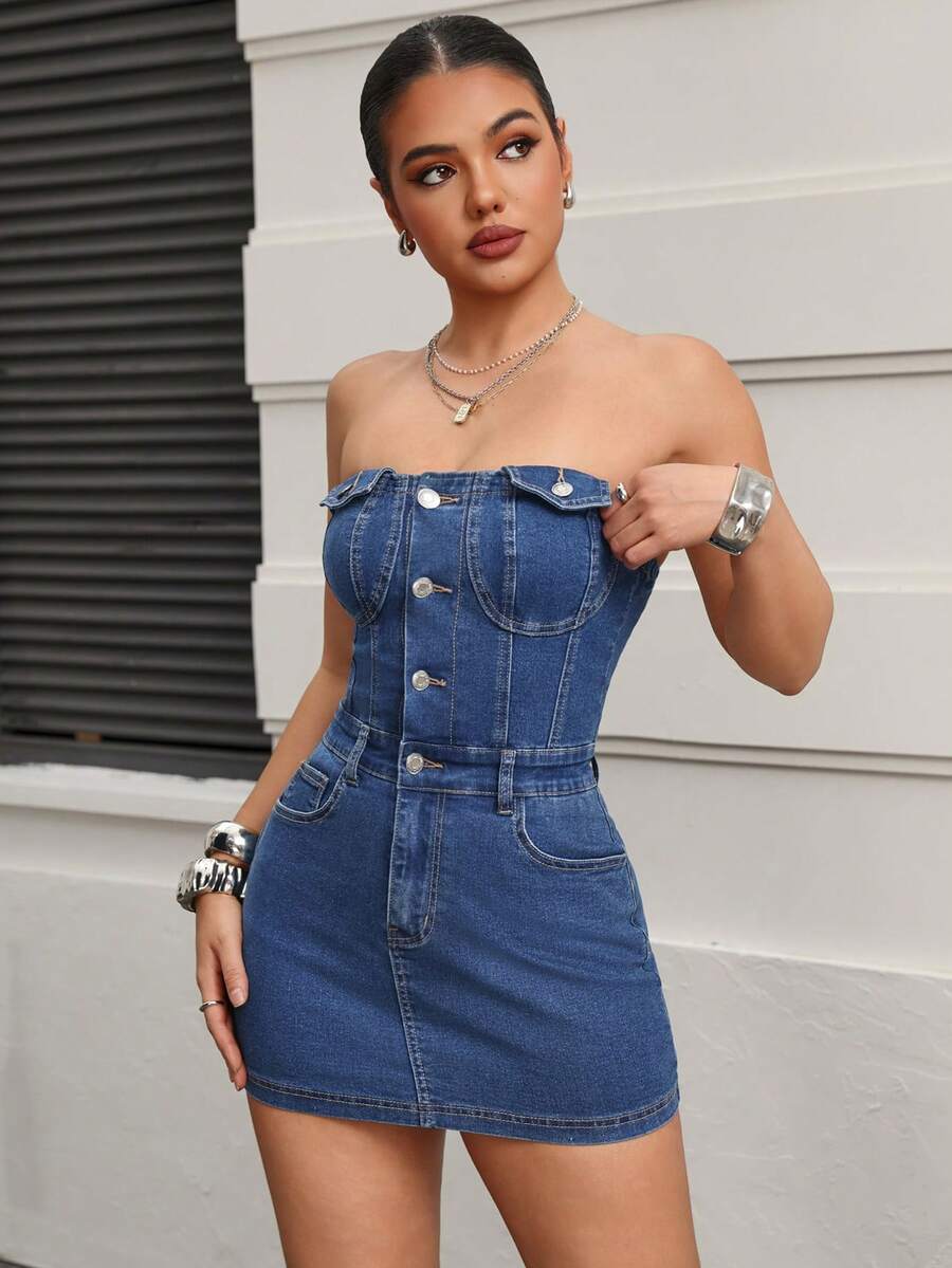 SHEIN PETITE Women's Sleeveless Single-Breasted Pocket Fitted Denim Dress - Blue - View 1