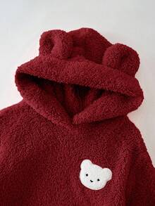 Cozy Pixies 女婴卡通熊耳套头卫衣，保暖内衬基础款，适合室内、户外滑雪、日常穿着、运动、玩耍、聚会、拍照、圣诞节、秋冬季节穿着。2-3岁幼儿冬季服装，幼儿抓绒卫衣，婴儿卫衣，婴儿熊外套。 - 酒紅色 - 查看 3