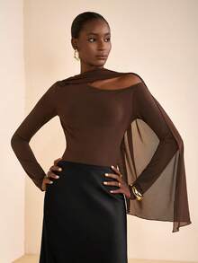 Zivah 2025 Autumn/Winter New Music Festival, Easter, St. Patrick's Day, Halloween, Christmas, Valentine's Day, Date, Western, Nomadic, Commute, Brunch, Airport, Party, Holiday Asymmetric-Shoulder Mesh Flowy T-Shirt, Slim Fit, Brown - Brown - View 5