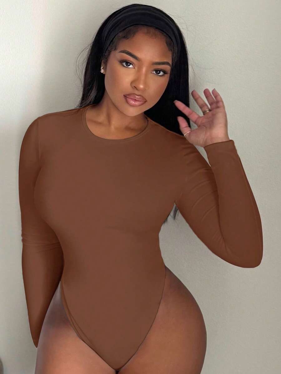 Alexandranx Bodysuit Wanita Slim Fit Polos untuk Musim Semi, Wanita Bertubuh Mungil - Coklat - View 1
