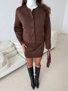 Aloruh Coffee-Color Suit Jacket + Skirt Set, Autumn/Winter Fashion Brown - Coffee Brown - View 3