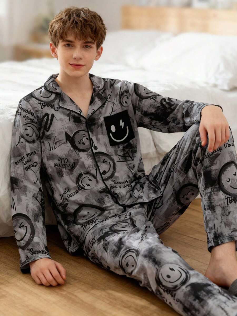 Teen Boys Loungewear 2-Piece Set - Gray Happy Face Print Pajamas Lapel Long Sleeve Shirt Style Top Pants Combo Fashion Happy Face Graffiti Design All-Over Happy Face Letter Print Lightweight Breathable Fabric Social Media Style Street Fashion Spring Summer Autumn Holiday Essential Young Men Home PJs Set Pajama Set Teen Boys - Multicolor - View 1