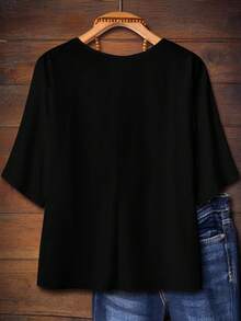 EMERY ROSE 休闲纯黑色装饰纽扣缺口领 3/4 袖宽松大码女式衬衫，适合夏季 - 彩色 - 查看 5