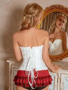 Myrelith 1pc Women Floral Jacquard Ruffle Trim Front Tie Fashionable Shaping Blouse - White - View 2